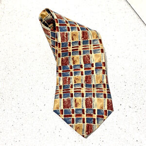 Vintage 80s Oscar De La Renta Silk Tie Necktie Luxury USA tan blue geometric